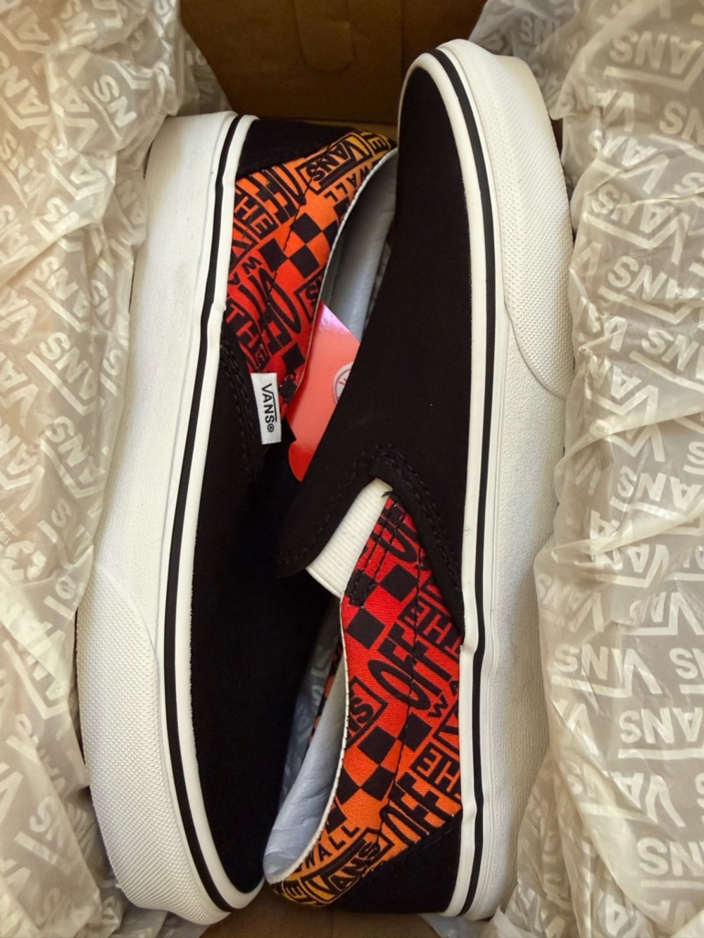 Vans Black Slip-On with Orange and Red Checker Panel